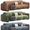 Modern Three Seater Sofa in Brown Green Blue with Decorative Pillows and Throw Blankets