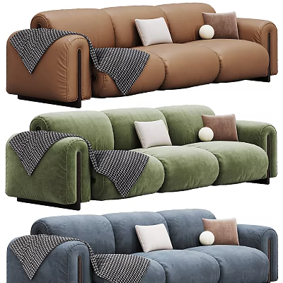 Modern Three Seater Sofa in Brown Green Blue with Decorative Pillows and Throw Blankets 3d model