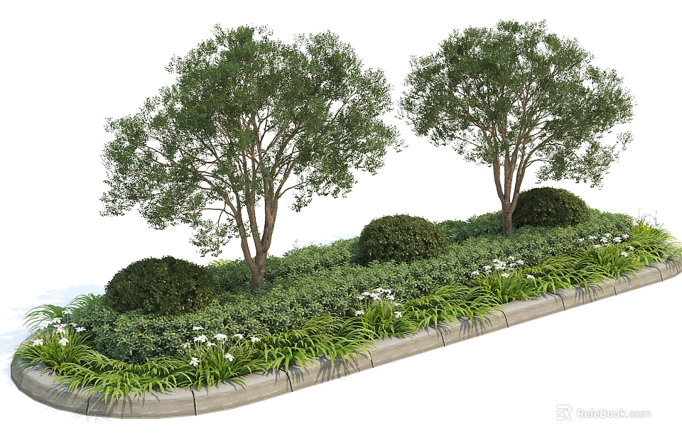 Tree Pit With Two Trees Green Shrubs And White Flowers Concrete Edge 3d model 