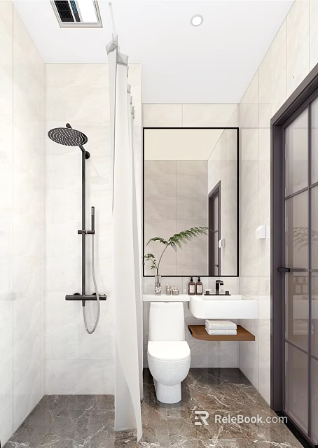 Modern Bathroom Interior With Black Shower Fixture Large Mirror And Vanity Sink 3d model 