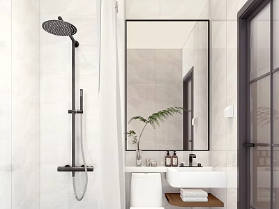 Modern Bathroom Interior With Black Shower Fixture Large Mirror And Vanity Sink 3d model