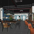 Café Interior With Blue Bar Counter High Stools Exposed Brick Wall Blackboard Menus Wine