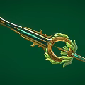 Enchanted Golden Sword With Green Gemstone Accents Leaf Shaped Decorations And Circular Hilt Design