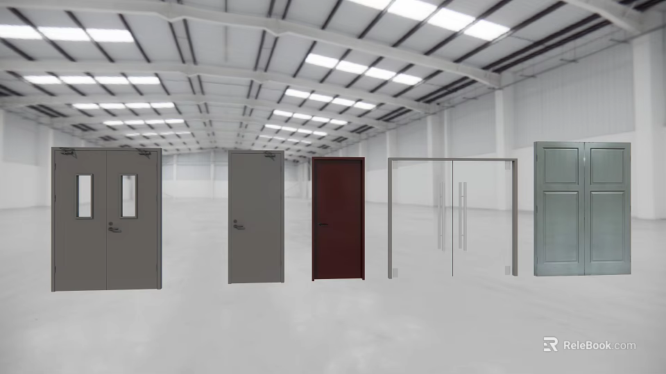 Various Styles Of Double Doors Displayed In Warehouse Showroom With Metal And Glass Panels 3d model 