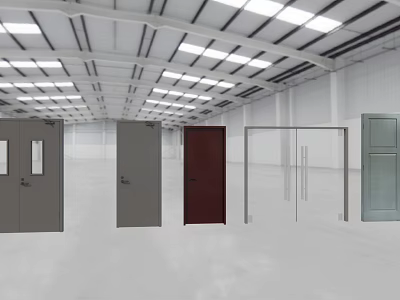 Various Styles Of Double Doors Displayed In Warehouse Showroom With Metal And Glass Panels 3d model