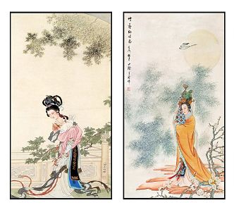 Chinese Figure Painting Elegant and Exquisite Zen Ladies Hanging Painting Combination 3d model