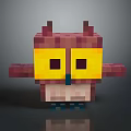 Pixel Art Square Shaped Owl with Large Yellow Eyes Pink Body Blue Beak and Claws