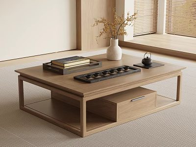 Modern Wooden Coffee Table Interior with Drawer Tray Books Teapot Vase and Dried Flowers 3d model