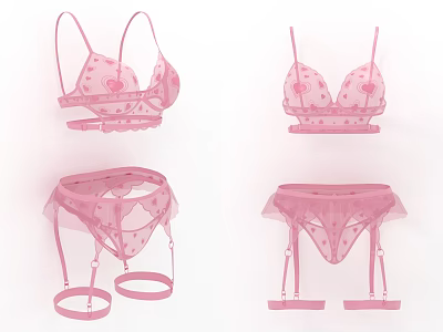 Pink Lingerie Set Bralette and Panty with Heart Patterns and Sheer Mesh Design 3d model