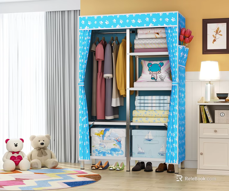 Blue Star Patterned Fabric Wardrobe With Hanging Folded Clothes And Storage Boxes 3d model 