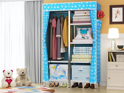 Blue Star Patterned Fabric Wardrobe With Hanging Folded Clothes And Storage Boxes 3d model