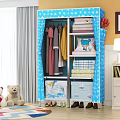 Blue Star Patterned Fabric Wardrobe With Hanging Folded Clothes And Storage Boxes