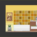 Cartoon Bathroom Scene With Yellow Walls Tiles Bathtub Sink Toilet Smiley Rug Plant And