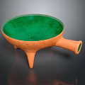 Clay Ceramic Vessel With Green Interior Orange Exterior Three Legs And Long Spout Handle