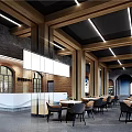 Modern Indoor Dining Space With Brick Wall Wooden Beams Large Screen And Comfortable Chairs