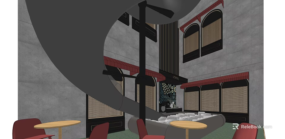 Cozy Lounge Area Interior With Round Tables Red Chairs And Arched Windows 3d model 