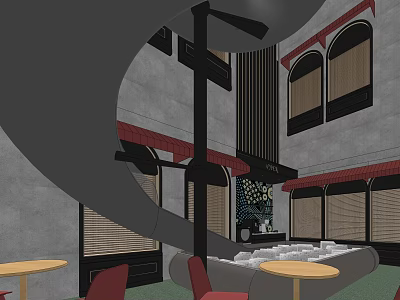 Cozy Lounge Area Interior With Round Tables Red Chairs And Arched Windows 3d model