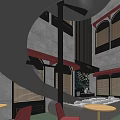 Cozy Lounge Area Interior With Round Tables Red Chairs And Arched Windows