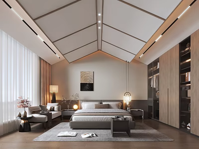 Modern Bedroom Interior With Wooden Ceiling King Bed And Large Window Curtains 3d model