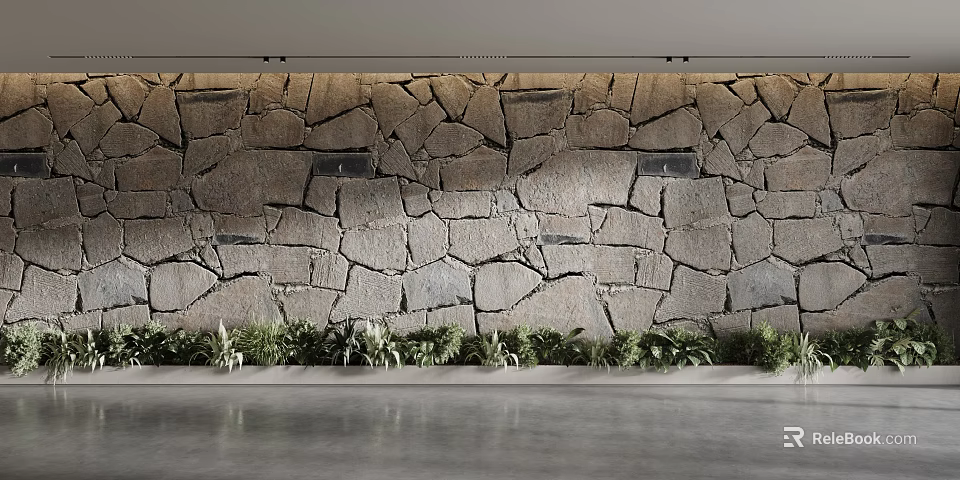 Modern Interior Natural Stone Background Wall With Irregular Pattern And Green Plants 3d model 