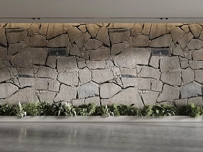 Modern Interior Natural Stone Background Wall With Irregular Pattern And Green Plants 3d model