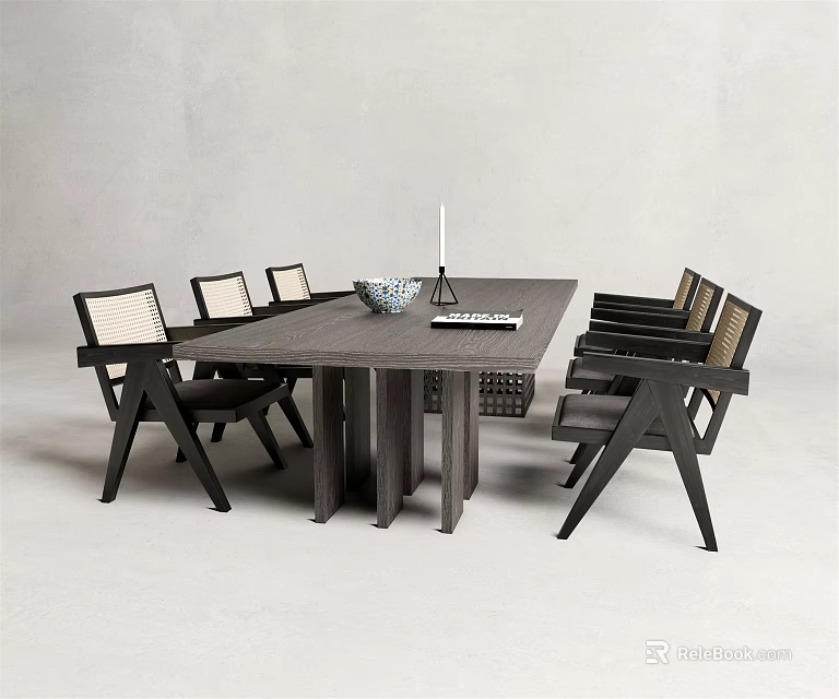 Modern Dark Wood Dining Table Set With Woven Back Chairs And Decorative Bowl Candle Holder 3d model 