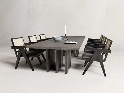 Modern Dark Wood Dining Table Set With Woven Back Chairs And Decorative Bowl Candle Holder 3d model