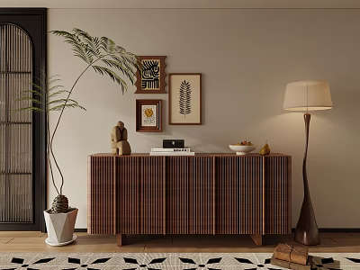 Modern Wooden Striped Decorative Cabinet With Potted Plant Wall Art And Floor Lamp 3d model