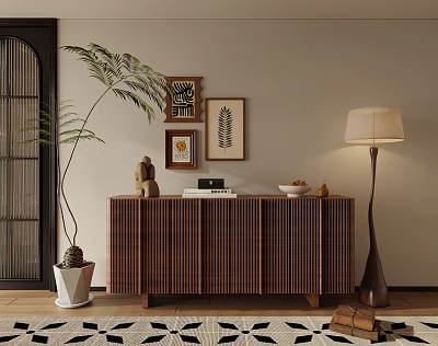 Modern Wooden Striped Decorative Cabinet With Potted Plant Wall Art And Floor Lamp 3d model