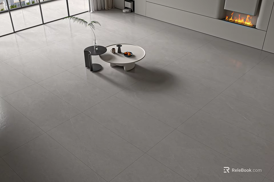Sleek Gray Floor Tiles In Modern Living Room Interior With Fireplace And Coffee Table 3d model 