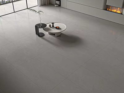 Sleek Gray Floor Tiles In Modern Living Room Interior With Fireplace And Coffee Table 3d model