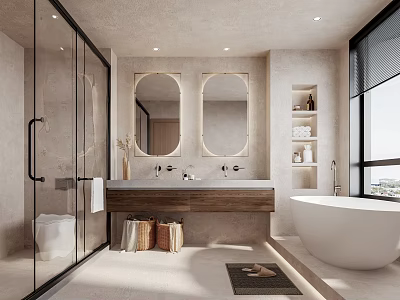 Modern Bathroom With Double Vanity Oval Mirrors And Bathtub 3d model