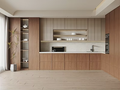 Modern Kitchen Interior Featuring Wooden Cabinets Open Shelves Countertop And Plant Decoration 3d model