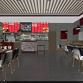 Modern Restaurant Interior With Red Decor Open Kitchen Menu Display Dining Tables And Chairs