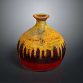 Yellow And Red Gradient Wine Bottle With Black Stripes And Wine Glass On Gray Background