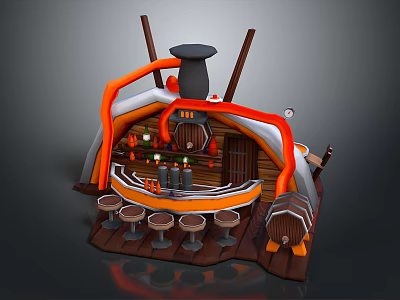 Cartoon Bar Scene With Wooden Counter Round Stools Barrels Chimney And Decorative Lights 3d model