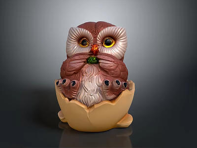Brown And White Owl Figurine In Egg Shell With Green Accent And Yellow Eyes 3d model
