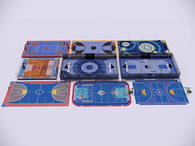 Basketball Court Floor Designs With Multiple Colorful Layouts And Markings 3d model