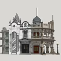 Classic Style Vintage Buildings With Dome Tower Balconies Decorative Windows And Signs
