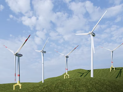 Efficient Commercial Wind Turbine Equipment On Green Hills With Blue Sky And White Clouds 3d model