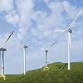 Efficient Commercial Wind Turbine Equipment On Green Hills With Blue Sky And White Clouds
