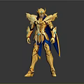 Golden Warrior Character Model With Blue Cape And Decorative Armor Details
