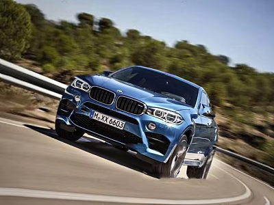 Blue BMW SUV Cruising On Scenic Curved Mountain Road With Green Trees 3d model