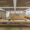 School Workshop Classroom With Long Wooden Tables Stools Tool Racks And Various Tools 3d model