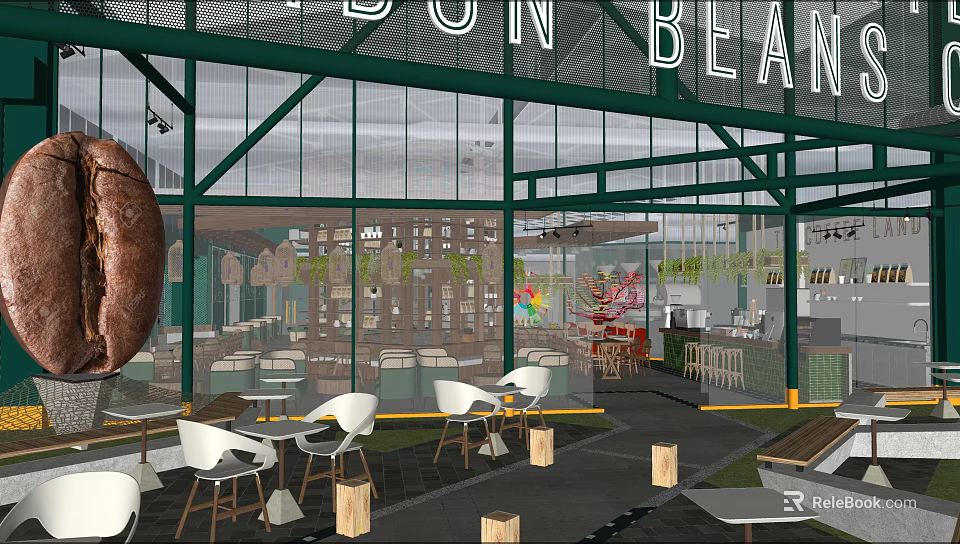 Bright Glass Structure Café With Green Frame White Chairs And Indoor Plants 3d model 