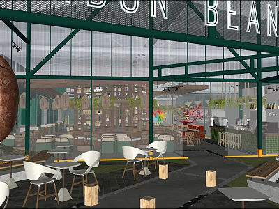 Bright Glass Structure Café With Green Frame White Chairs And Indoor Plants 3d model