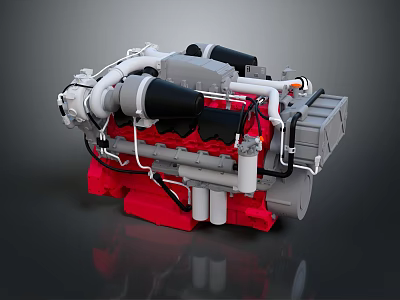 High Performance Engine Design With Red Cylinder Block Gray Components And Exhaust Pipes 3d model