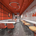 Modern Elegant Restaurant Interior With Red Walls Orange Chairs Open Layout And Long Bar Counter