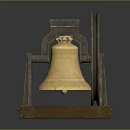 Antique Bell Structure With Golden Bell Body And Metal Wheels On Wooden Base
