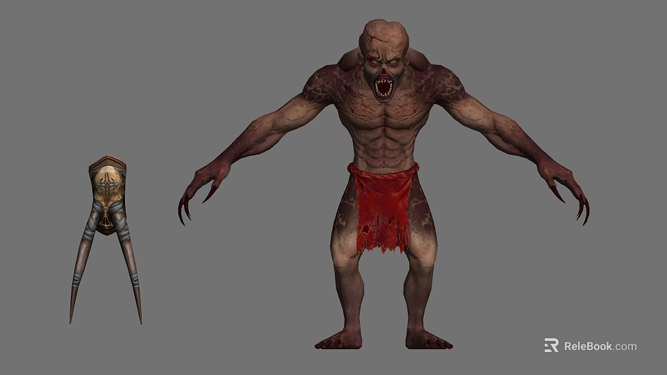 Muscular Monster Character With Sharp Teeth Clawed Hands And Tattered Red Loincloth 3d model 